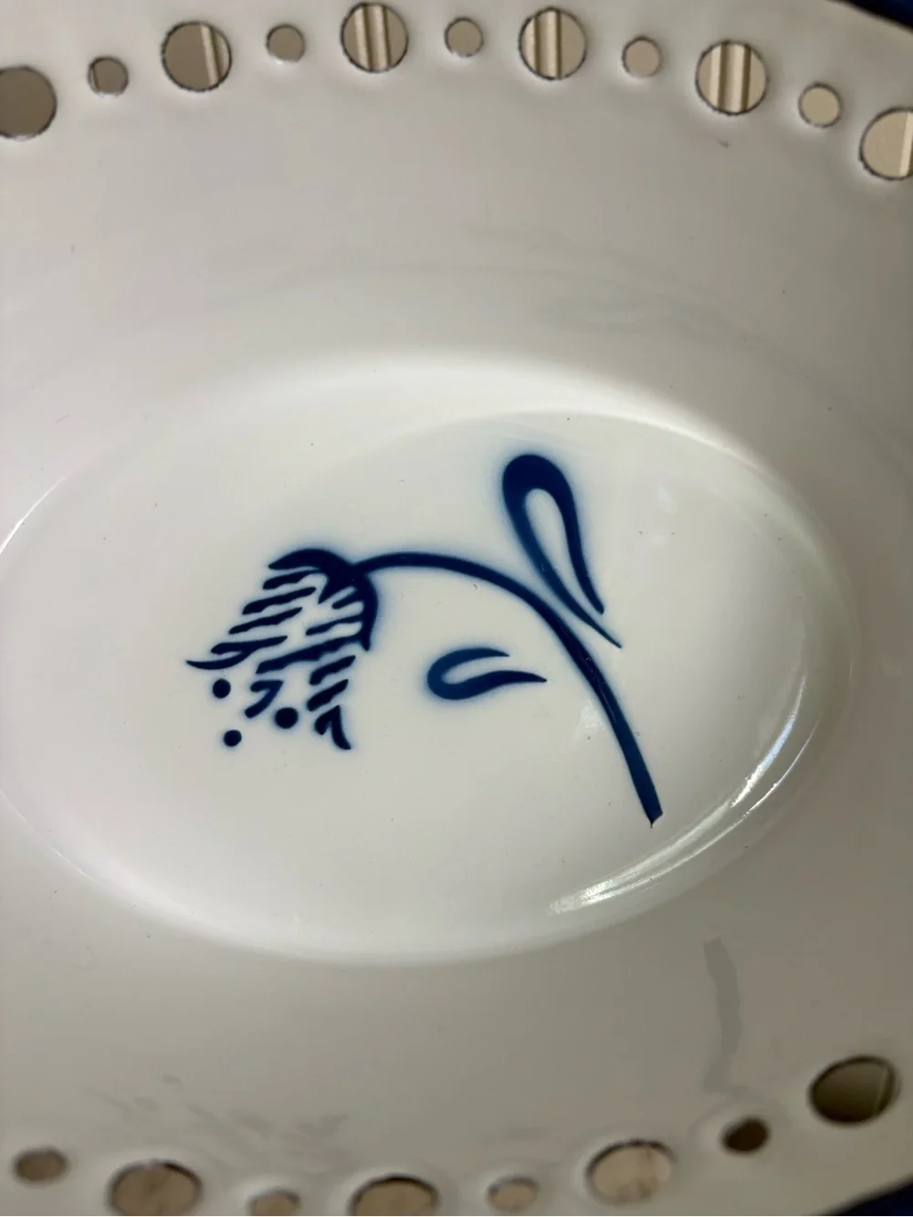 Vintage IKEA Enamel Arv Idyell Perforated Oval Bowl White & Blue Floral VTG 90s